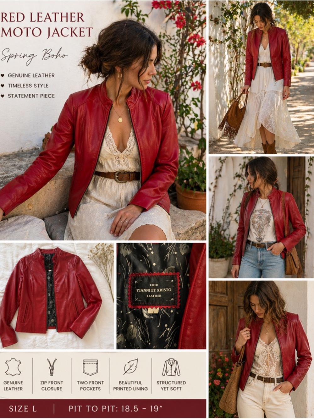 Women's Red Leather Moto Jacket - Classic Biker Style
